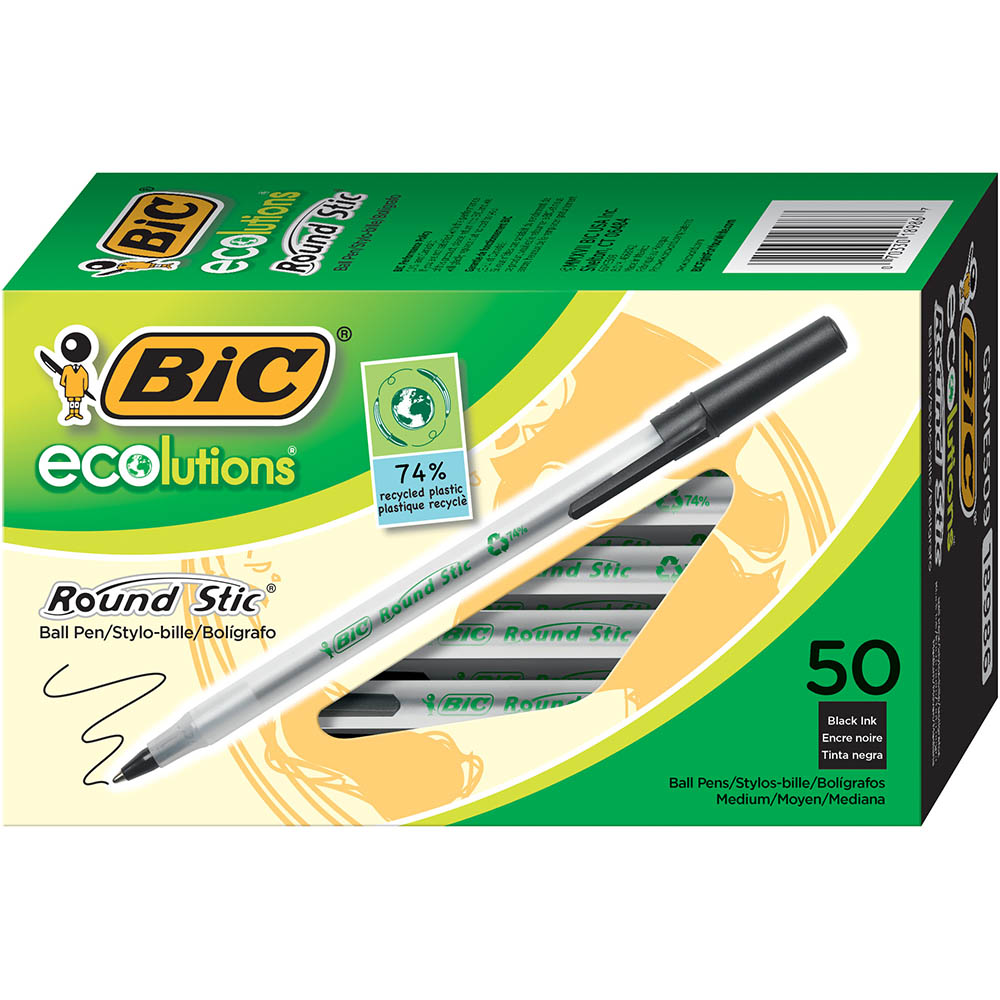 Image for BIC ECOLUTIONS ROUND STIC BALLPOINT PEN MEDIUM BLACK BOX 50 from BusinessWorld Computer & Stationery Warehouse