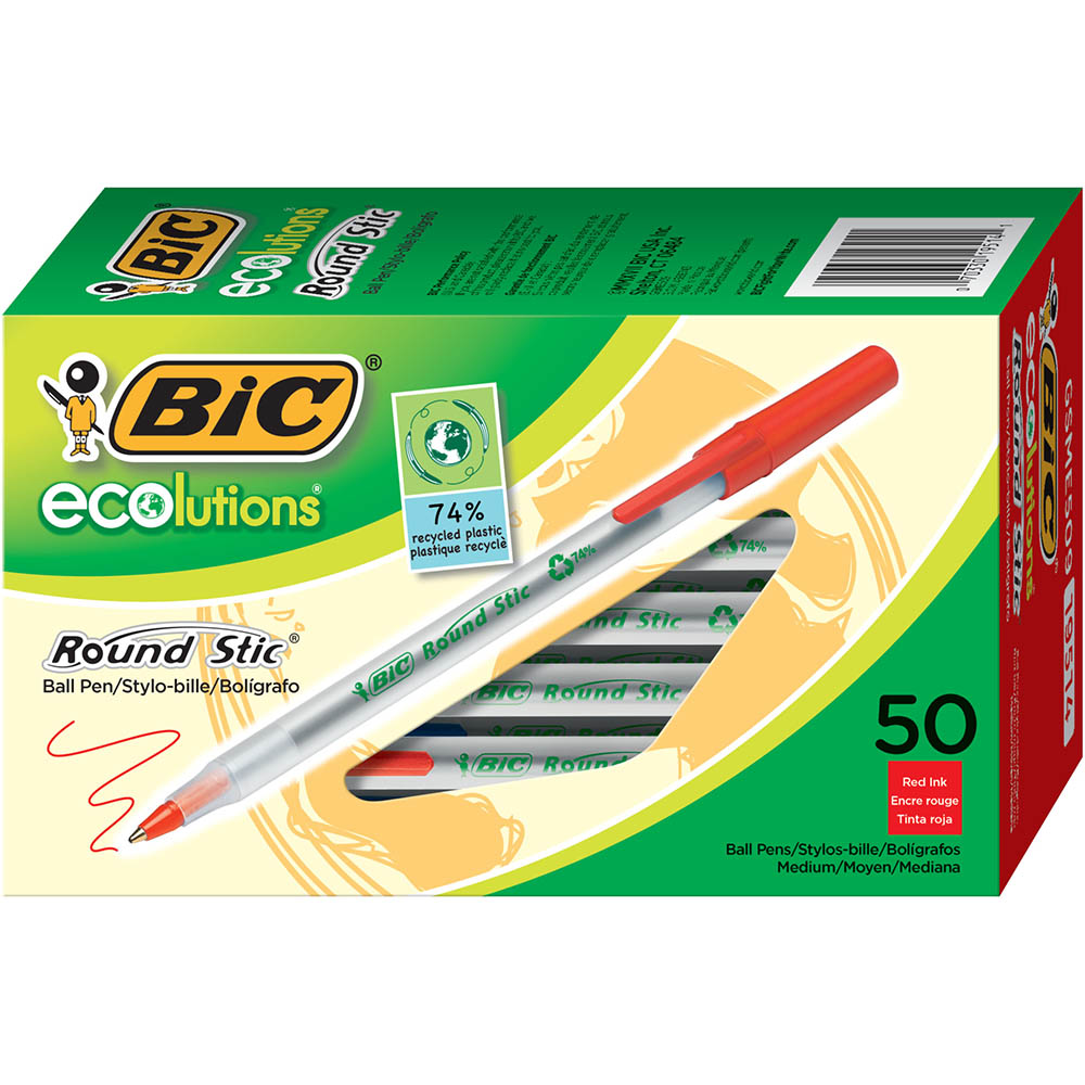 Image for BIC ECOLUTIONS ROUND STIC BALLPOINT PEN MEDIUM RED BOX 50 from BusinessWorld Computer & Stationery Warehouse