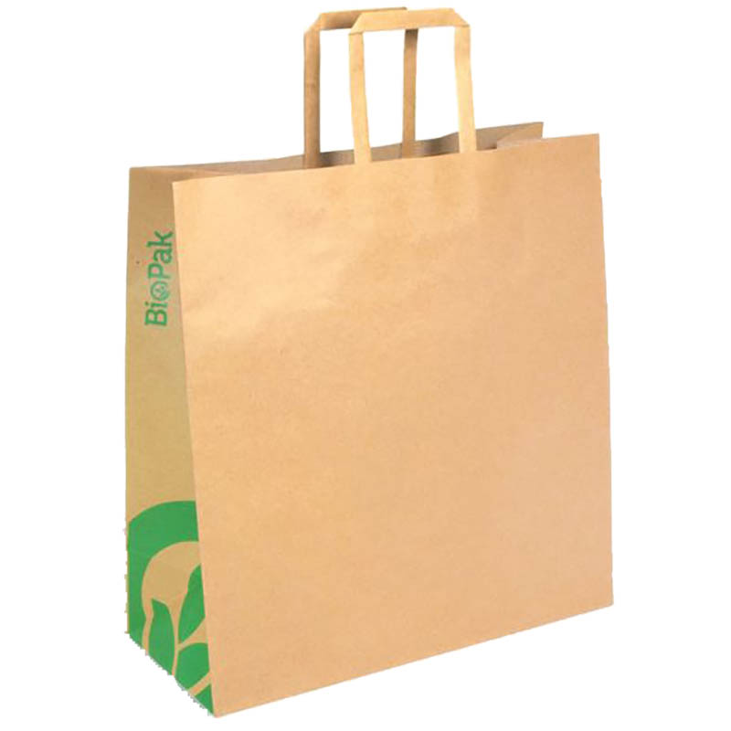 Image for BIOPAK KRAFT PAPER BAGS FLAT HANDLE MEDIUM 320 X 340 X 140MM CARTON 200 from Olympia Office Products