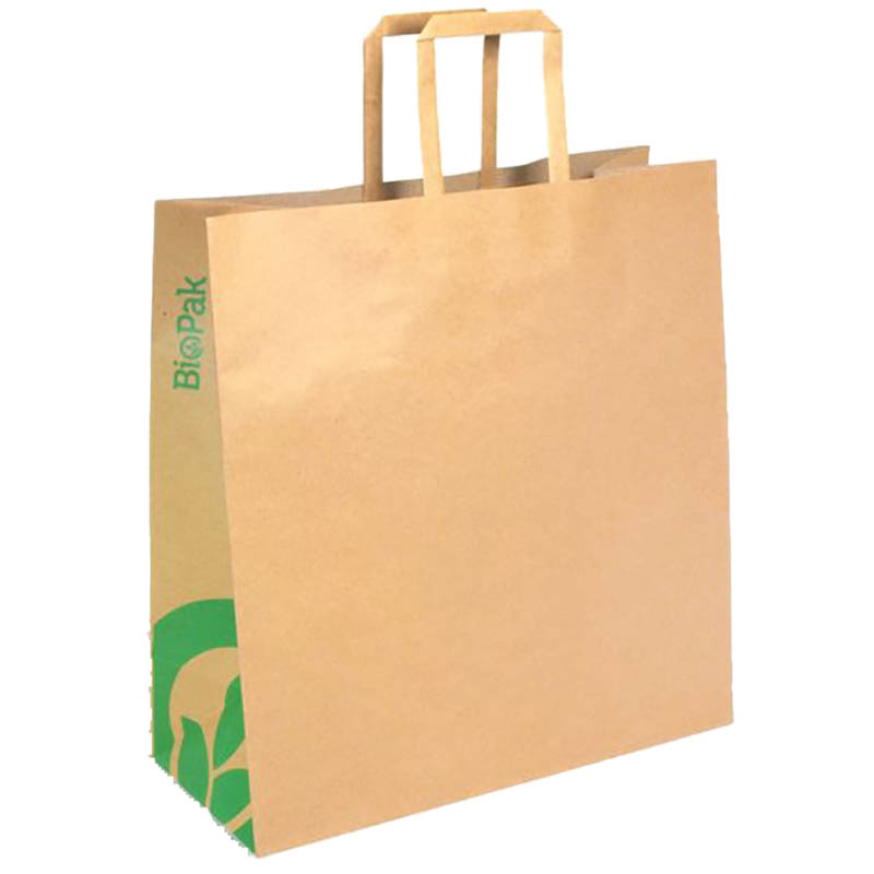 Image for BIOPAK KRAFT PAPER BAGS FLAT HANDLE SMALL 275 X 280 X 150MM CARTON 250 from Office Heaven