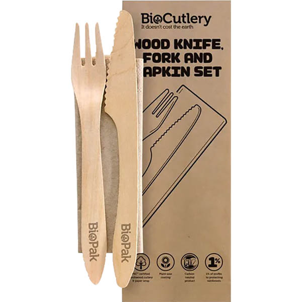 Image for BIOPAK BIOTABLEWARE WOODEN KNIFE, FORK, NAPKIN SET WAX COATED 190MM PACK 100 from Challenge Office Supplies