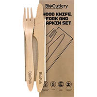 biopak biotableware wooden knife, fork, napkin set wax coated 190mm pack 100