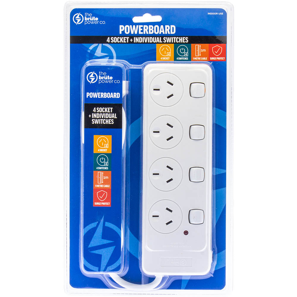 Image for THE BRUTE POWER CO POWERBOARD 4 OUTLET WITH INDIVIDUAL SWITCHES 1M WHITE from BusinessWorld Computer & Stationery Warehouse