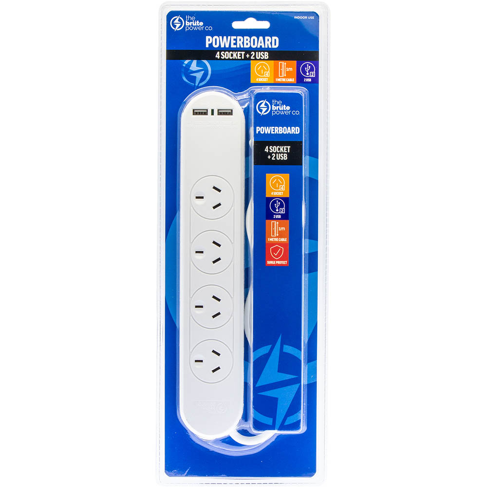 Image for THE BRUTE POWER CO POWERBOARD 4 OUTLET WITH 2 USB PORTS 1M WHITE from York Stationers