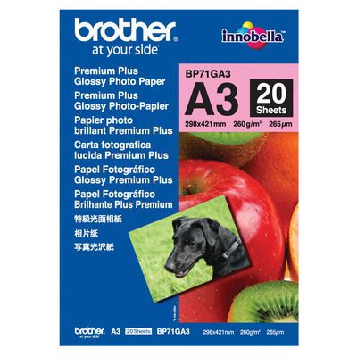 Image for BROTHER BP-71G PREMIUM PLUS GLOSSY PHOTO PAPER 260GSM A3 WHITE PACK 20 from Olympia Office Products