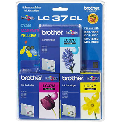 Image for BROTHER LC37CL3PK INK CARTRIDGE VALUE PACK CYAN/MAGENTA/YELLOW from Clipboard Stationers & Art Supplies
