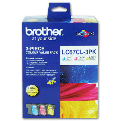 Image for BROTHER LC67CL3PK INK CARTRIDGE VALUE PACK CYAN/MAGENTA/YELLOW from Clipboard Stationers & Art Supplies