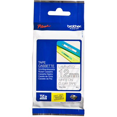 Image for BROTHER TZE-135 LAMINATED LABELLING TAPE 12MM WHITE ON CLEAR from Clipboard Stationers & Art Supplies
