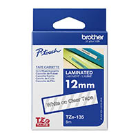 brother tze-135 laminated labelling tape 12mm white on clear