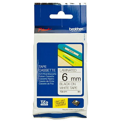 Image for BROTHER TZE-211 LAMINATED LABELLING TAPE 6MM BLACK ON WHITE from Prime Office Supplies