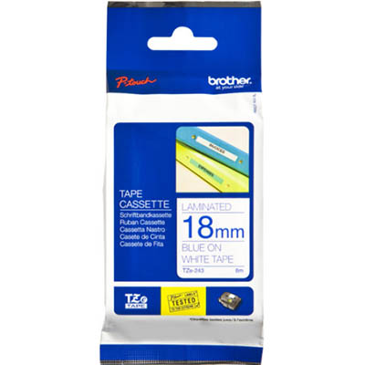 Image for BROTHER TZE-243 LAMINATED LABELLING TAPE 18MM BLUE ON WHITE from Australian Stationery Supplies