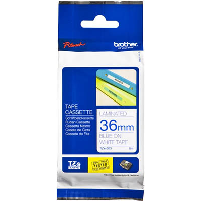 Image for BROTHER TZE-263 LAMINATED LABELLING TAPE 36MM BLUE ON WHITE from Australian Stationery Supplies