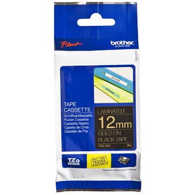 Image for BROTHER TZE-334 LAMINATED LABELLING TAPE 12MM GOLD ON BLACK from Prime Office Supplies