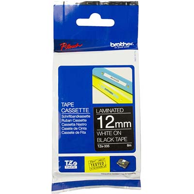 Image for BROTHER TZE-335 LAMINATED LABELLING TAPE 12MM WHITE ON BLACK from Prime Office Supplies