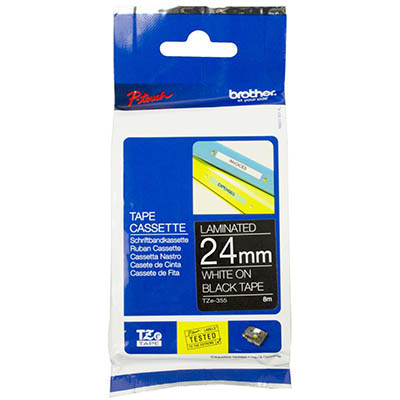 Image for BROTHER TZE-355 LAMINATED LABELLING TAPE 24MM WHITE ON BLACK from Prime Office Supplies