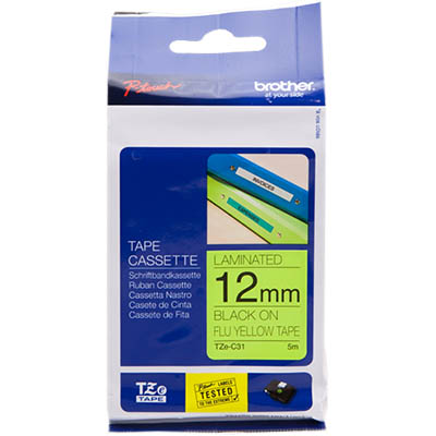 Image for BROTHER TZE-C31 LAMINATED LABELLING TAPE 12MM BLACK ON FLURO YELLOW from Challenge Office Supplies