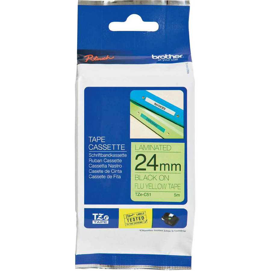 Image for BROTHER TZE-C51 LAMINATED LABELLING TAPE 24MM BLACK ON FLURO YELLOW from Mercury Business Supplies
