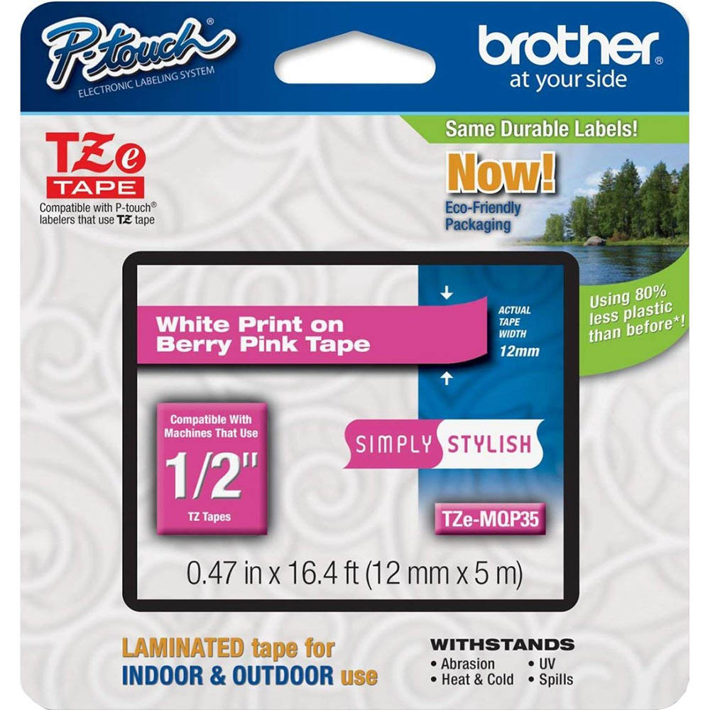 Image for BROTHER TZE-MQP35 LABELLING TAPE 12MM WHITE ON BERRY PINK from Peninsula Office Supplies