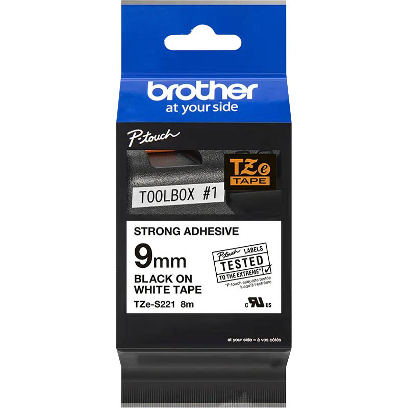 Image for BROTHER TZE-S221 STRONG ADHESIVE LABELLING TAPE 9MM BLACK ON WHITE from Prime Office Supplies