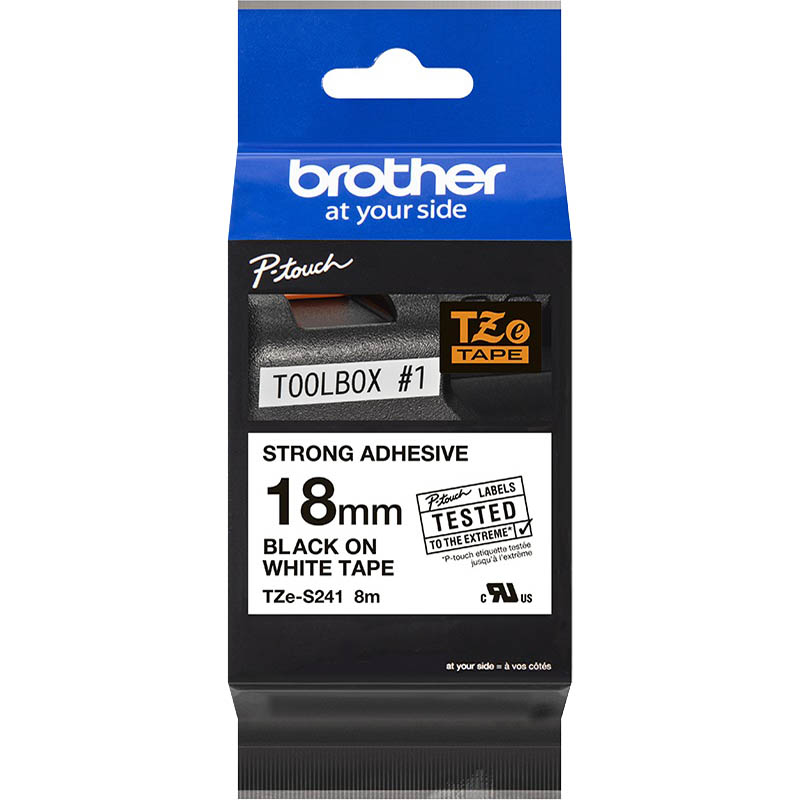 Image for BROTHER TZE-S241 STRONG ADHESIVE LABELLING TAPE 18MM BLACK ON WHITE from Challenge Office Supplies