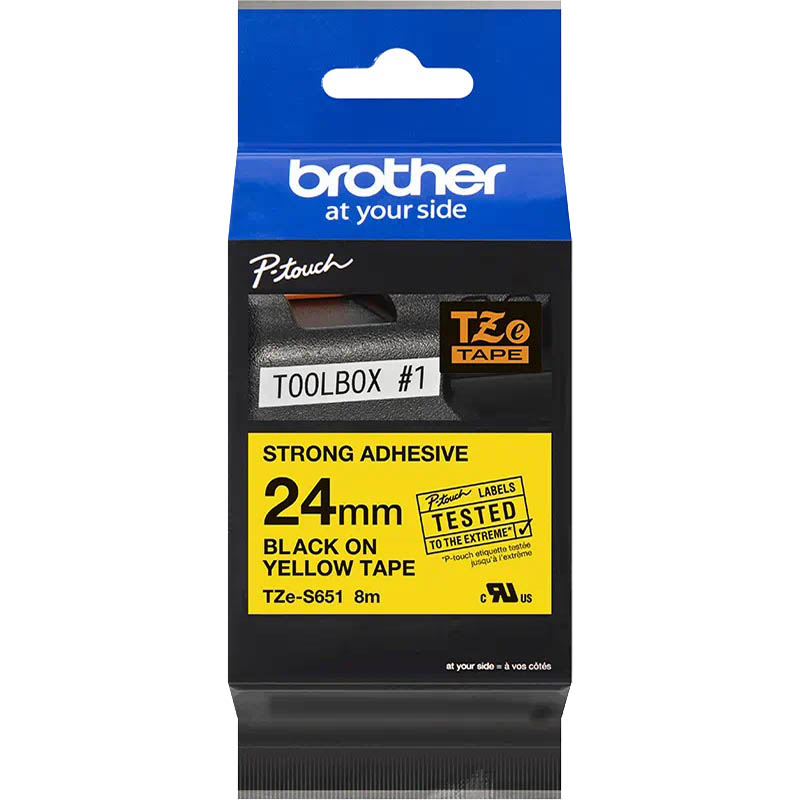 Image for BROTHER TZE-S651 STRONG ADHESIVE LABELLING TAPE 24MM BLACK ON YELLOW from Mitronics Corporation