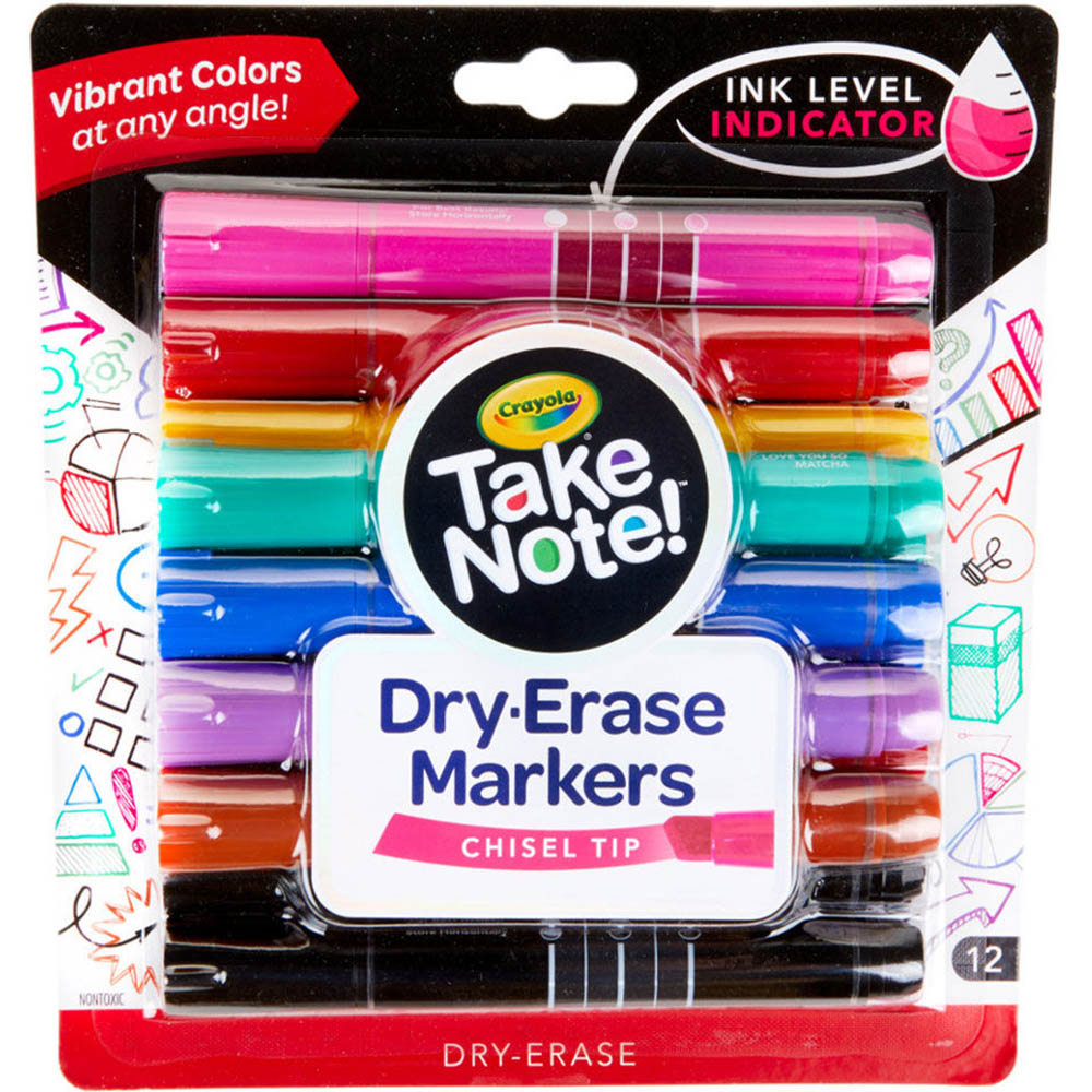 Image for CRAYOLA TAKE NOTE! WHITEBOARD MARKERS CHISEL ASSORTED PACK 12 from BusinessWorld Computer & Stationery Warehouse