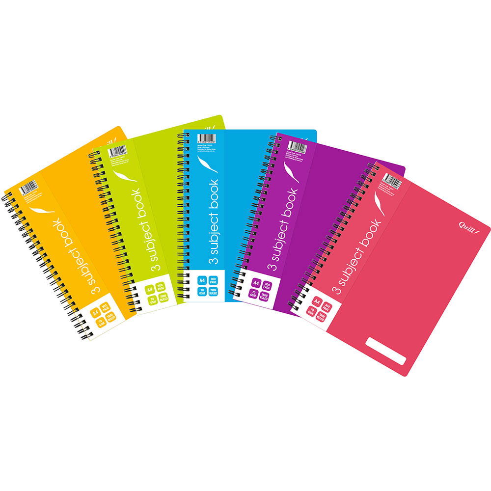 Image for QUILL 3-SUBJECT NOTEBOOK PP 70GSM 300 PAGE A4 ASSORTED from Challenge Office Supplies