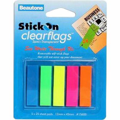 Image for STICK-ON CLEARFLAGS 25 SHEETS 12 X 45MM ASSORTED PACK 5 from SNOWS OFFICE SUPPLIES - Brisbane Family Company
