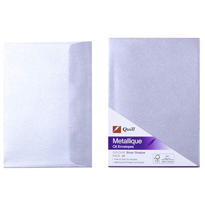 Image for QUILL C6 METALLIQUE ENVELOPES PLAINFACE STRIP SEAL 80GSM 114 X 162MM SILVER SHADOW PACK 10 from Prime Office Supplies
