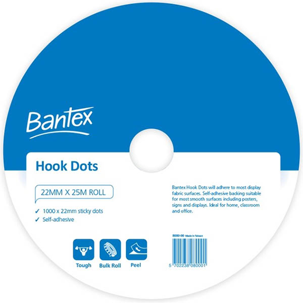 Image for BANTEX HOOK DOTS 22MM X 25M WHITE ROLL 1000 from That Office Place PICTON