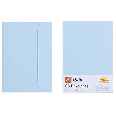 Image for QUILL C6 COLOURED ENVELOPES PLAINFACE STRIP SEAL 80GSM 114 X 162MM POWDER BLUE PACK 25 from Mercury Business Supplies
