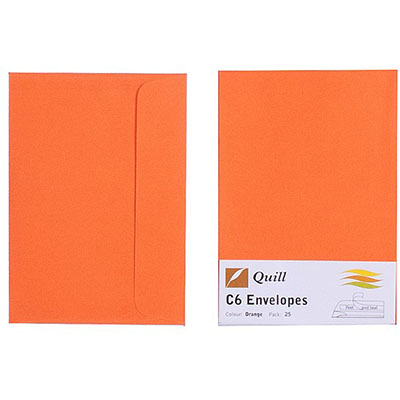 Image for QUILL C6 COLOURED ENVELOPES PLAINFACE STRIP SEAL 80GSM 114 X 162MM ORANGE PACK 25 from Mitronics Corporation