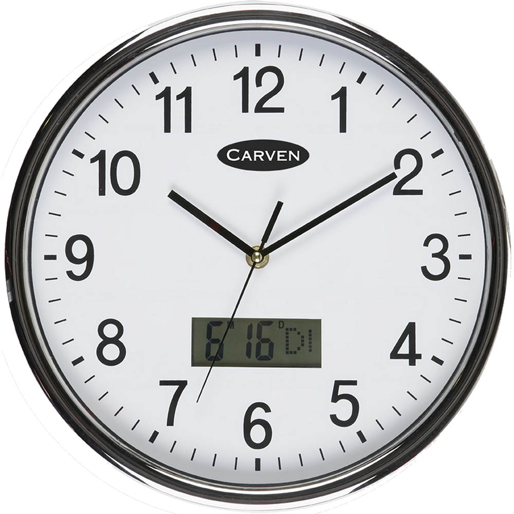 Image for CARVEN WALL CLOCK LCD DATE 285MM SILVER FRAME from Clipboard Stationers & Art Supplies