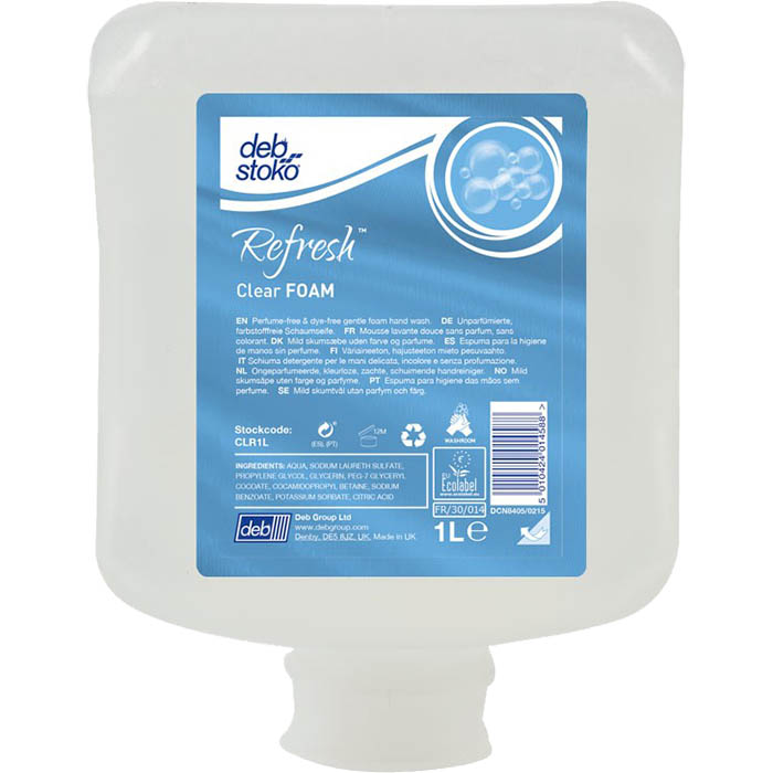 Image for DEB REFRESH CLEAR FOAM HAND WASH FRAGRANCE FREE CARTRIDGE 1 LITRE CARTON 6 from SNOWS OFFICE SUPPLIES - Brisbane Family Company