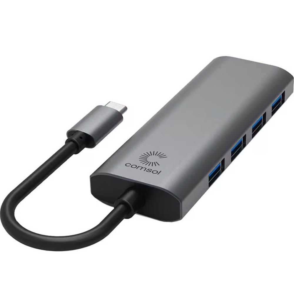 Image for COMSOL HUB USB-C TO 4 PORT USB-A 3.0 GREY from York Stationers