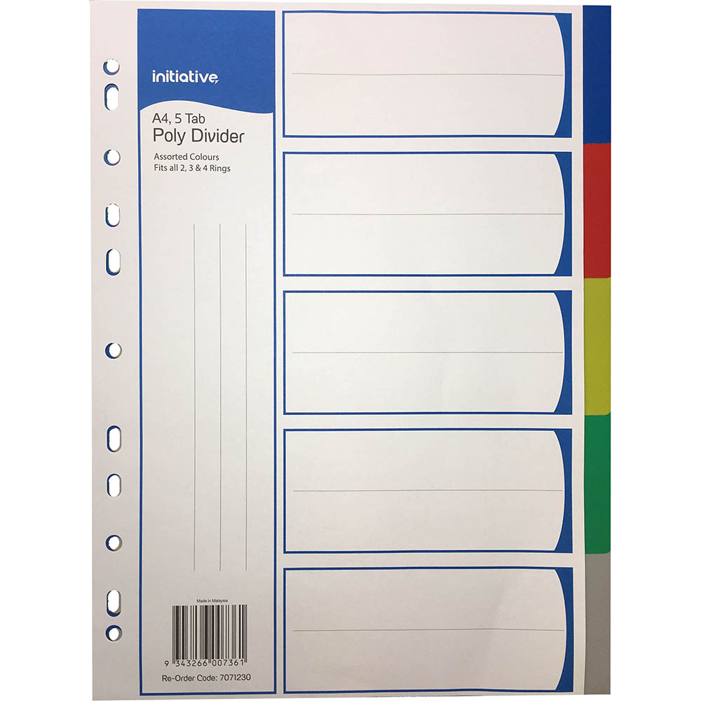 Image for INITIATIVE DIVIDERS PP 5 TAB A4 ASSORTED COLOURS from Challenge Office Supplies