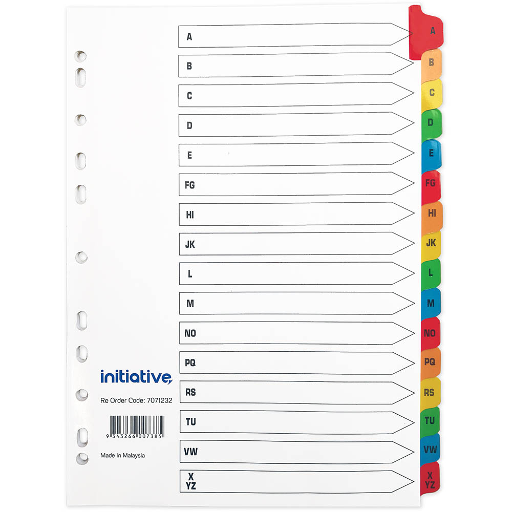 Image for INITIATIVE INDEX DIVIDERS A4 A-Z TAB COLOURED from Eastland Office Supplies