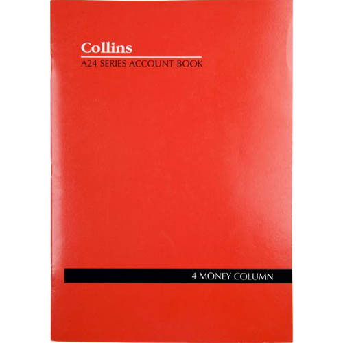 Image for COLLINS A24 SERIES ACCOUNT BOOK 4 MONEY COLUMN FEINT RULED STAPLED 24 LEAF A4 RED from Challenge Office Supplies
