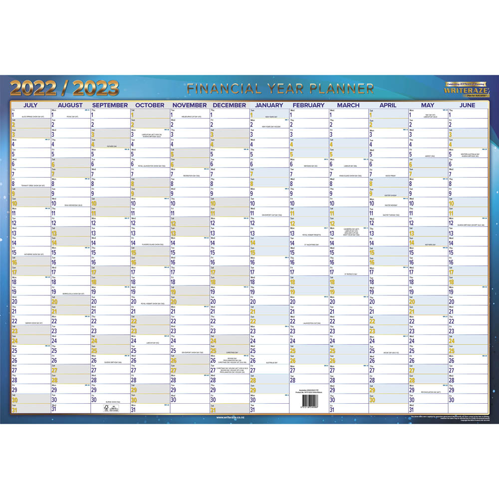 Image for COLLINS WRITERAZE 11777 QC2 FINANCIAL YEAR PLANNER 500 X 700MM WHITE from Mitronics Corporation