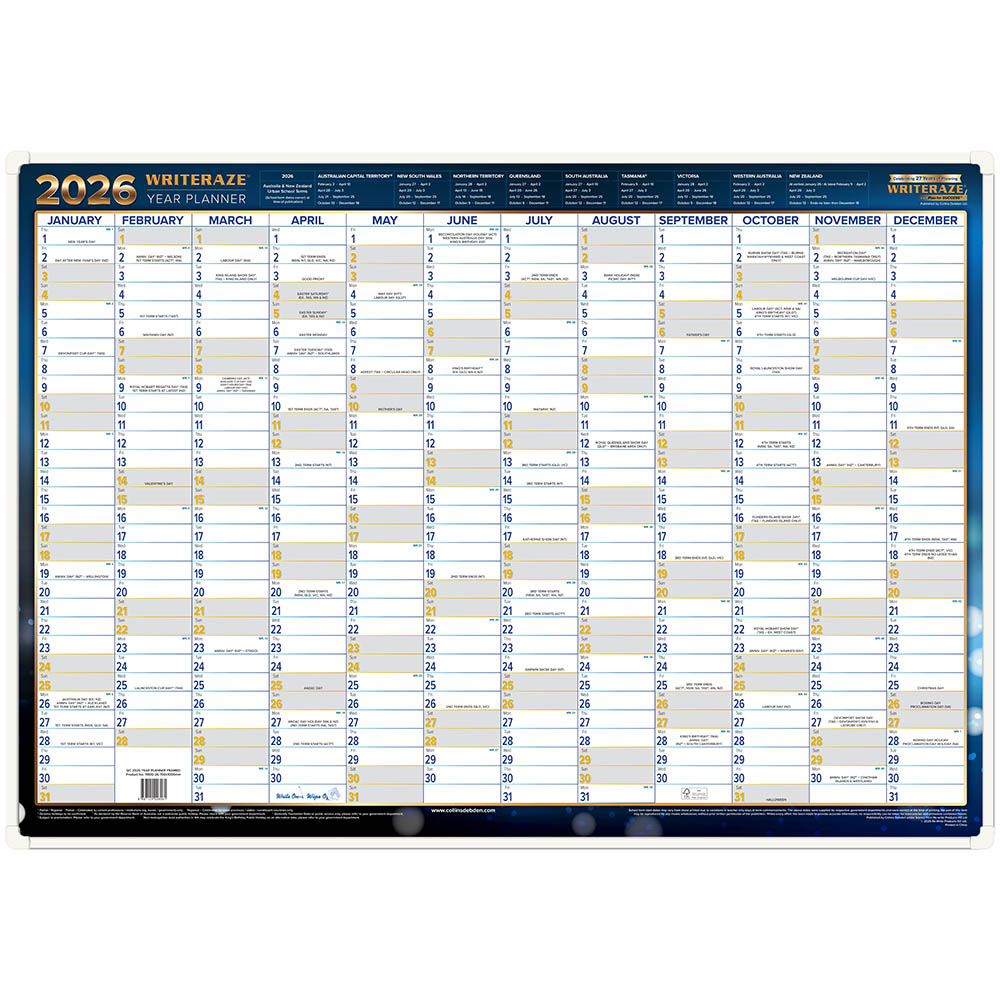 Image for COLLINS WRITERAZE 11800 QC EXECUTIVE YEAR PLANNER FRAMED 700 X 1000MM from Office Heaven