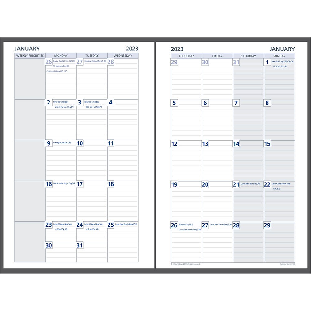 Image for DEBDEN DAYPLANNER DK1300 DESK EDITION REFILL MONTH TO VIEW 216 X 140MM WHITE from BusinessWorld Computer & Stationery Warehouse