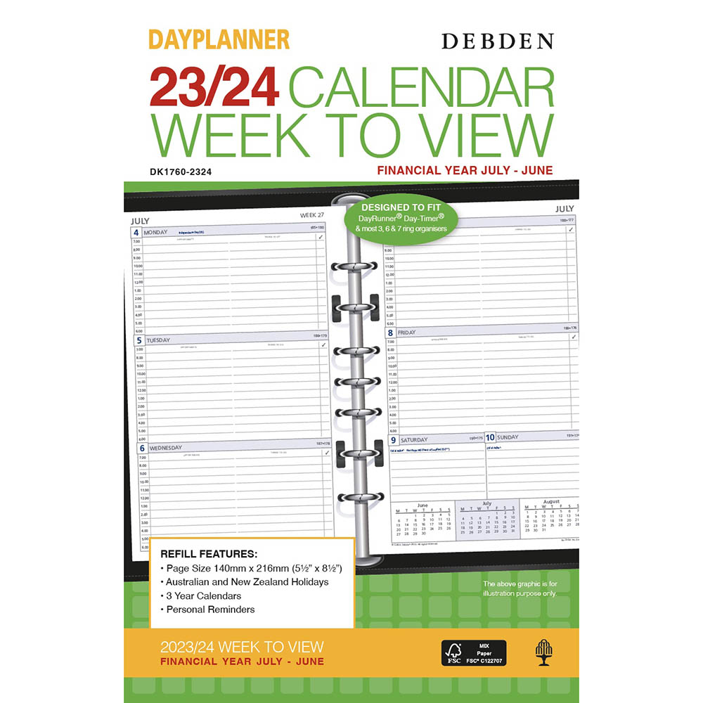 Image for DEBDEN DAYPLANNER DK1760 DESK EDITION FINANCIAL YEAR DIARY REFILL WEEK TO VIEW 216 X 140MM WHITE from Memo Office and Art