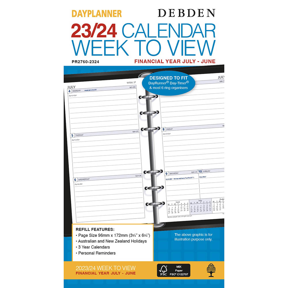 Image for DEBDEN DAYPLANNER PR2760 FINANCIAL YEAR DIARY REFILL WEEK TO VIEW 172 X 96MM WHITE from Prime Office Supplies