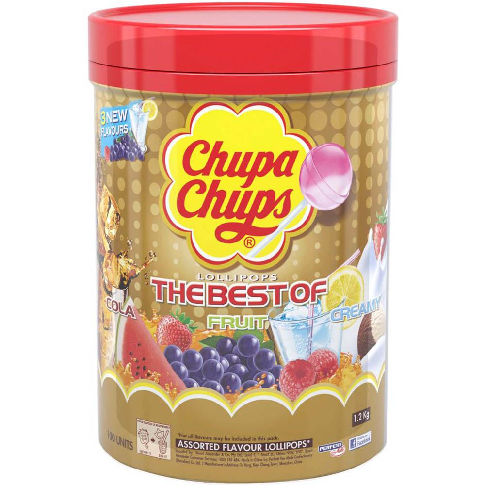 Image for CHUPA CHUPS LOLLIPOPS BEST OF ASSORTED TUB 100 from Mitronics Corporation