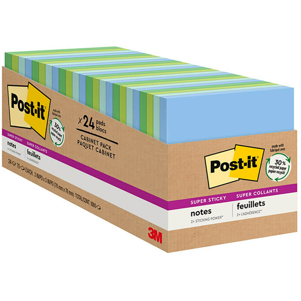 Image for POST-IT 654-24SST-CP SUPER STICKY RECYCLED NOTES 76 X 76MM OASIS CABINET PACK 24 from That Office Place PICTON