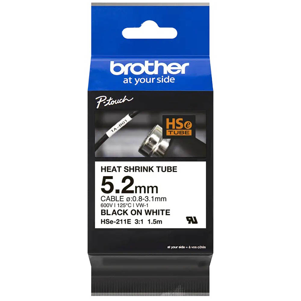 Image for BROTHER HSE-211E HEAT SHRINK TUBE LABELLING TAPE 5.2MM BLACK ON WHITE from Mitronics Corporation