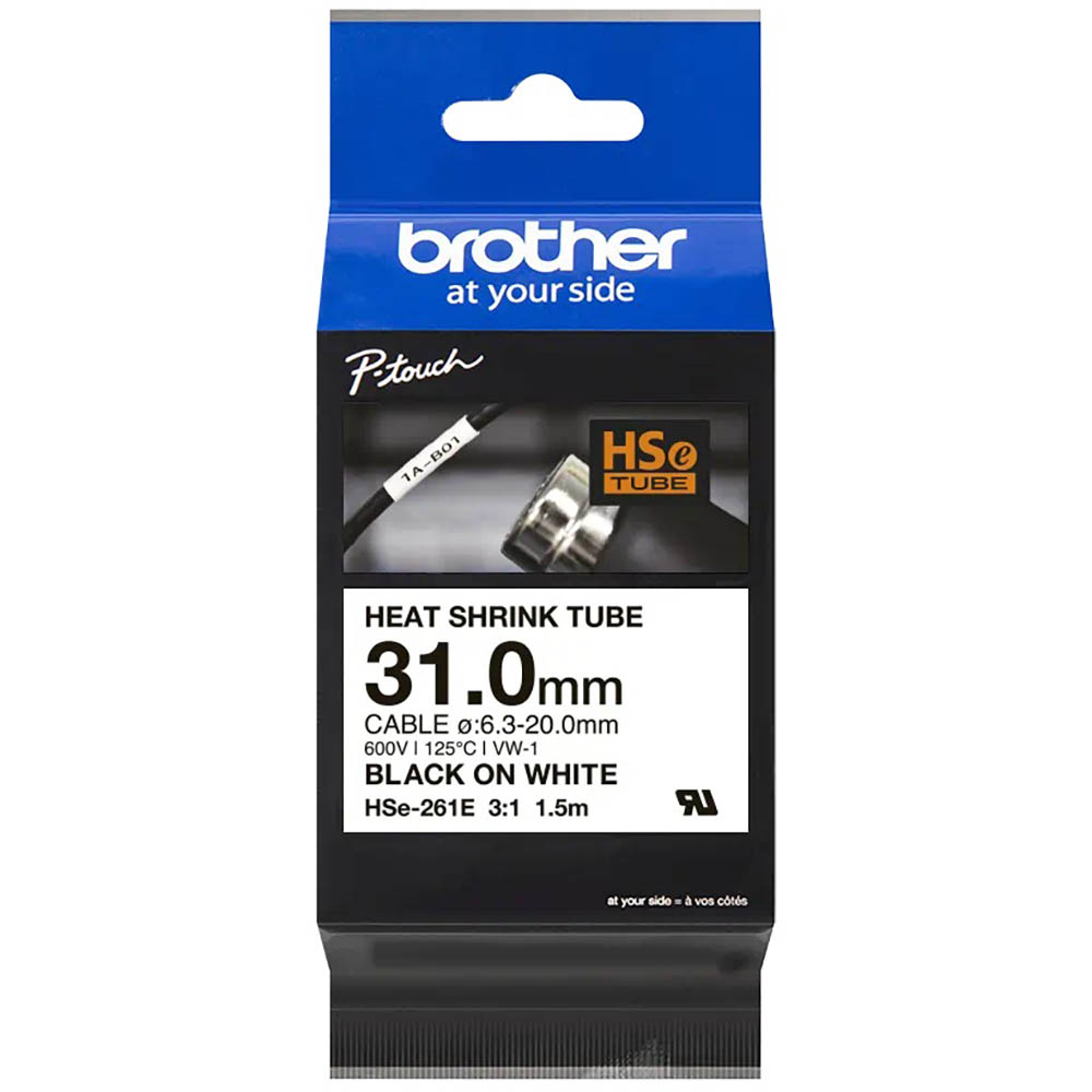 Image for BROTHER HSE-261E HEAT SHRINK TUBE LABELLING TAPE 31MM BLACK ON WHITE from Mitronics Corporation