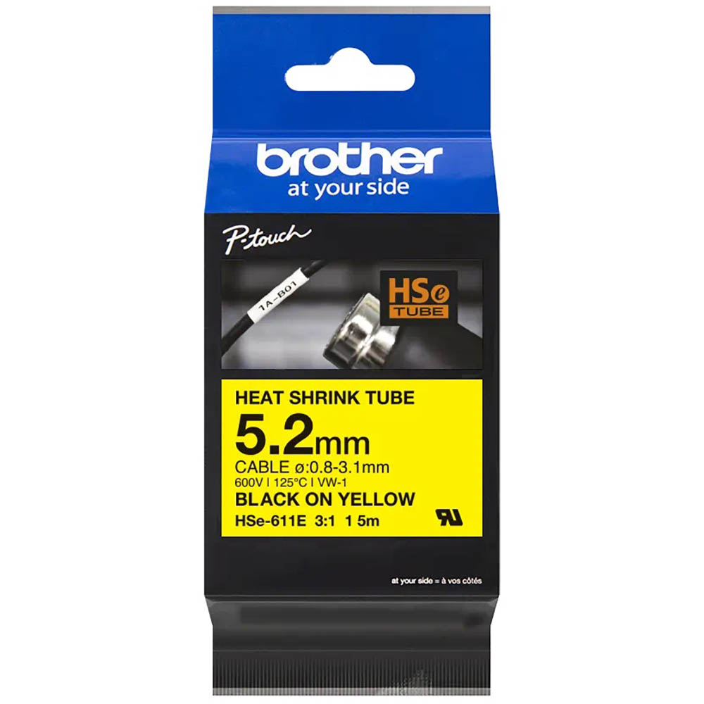 Image for BROTHER HSE-611E HEAT SHRINK TUBE LABELLING TAPE 5.2MM BLACK ON YELLOW from Mitronics Corporation