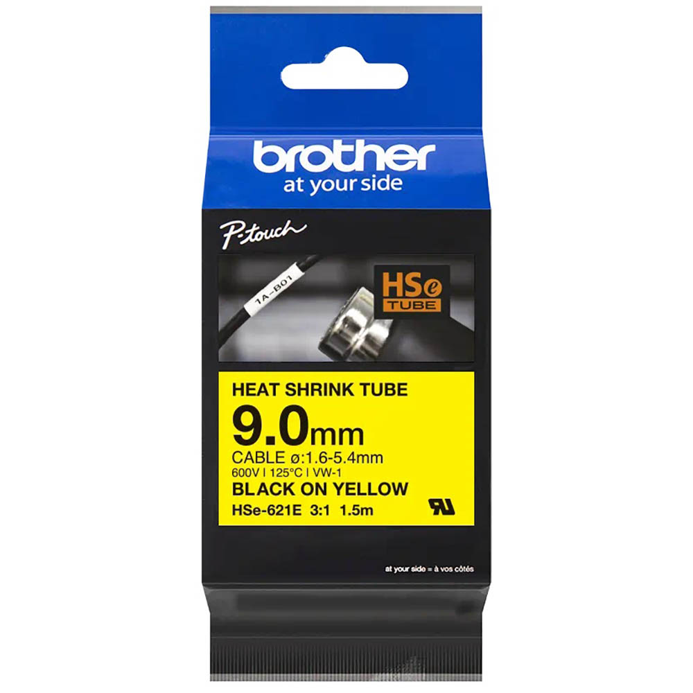 Image for BROTHER HSE-621E HEAT SHRINK TUBE LABELLING TAPE 9MM BLACK ON YELLOW from Office Heaven