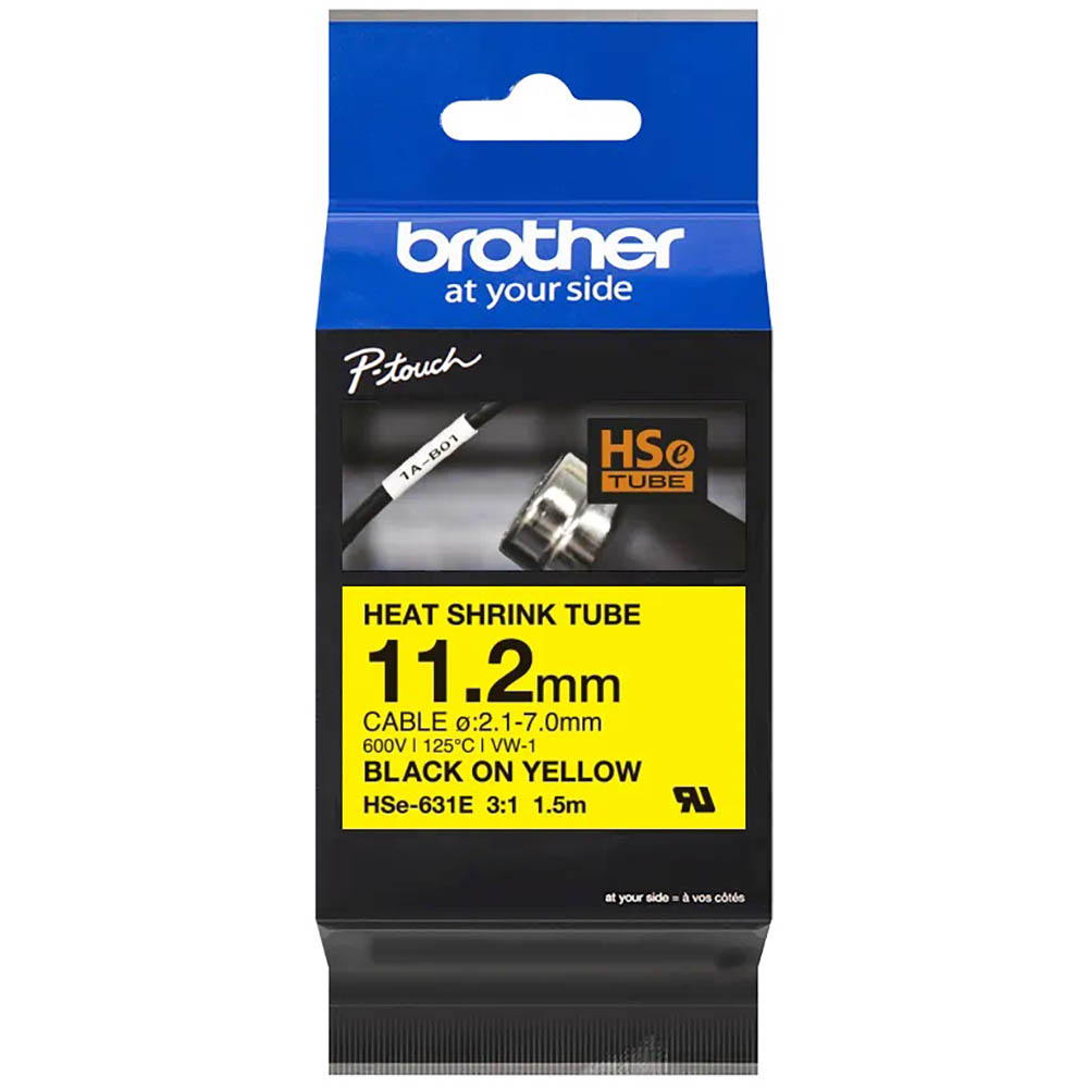 Image for BROTHER HSE-631E HEAT SHRINK TUBE LABELLING TAPE 11.2MM BLACK ON YELLOW from Mitronics Corporation